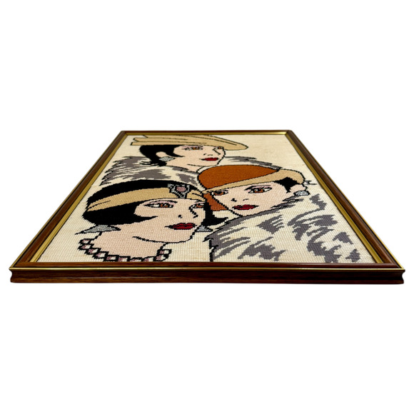Framed Needlepoint Art Deco Vintage Flapper Lady Glam Embroidery 12" x 19" READ - Picture 10 of 17